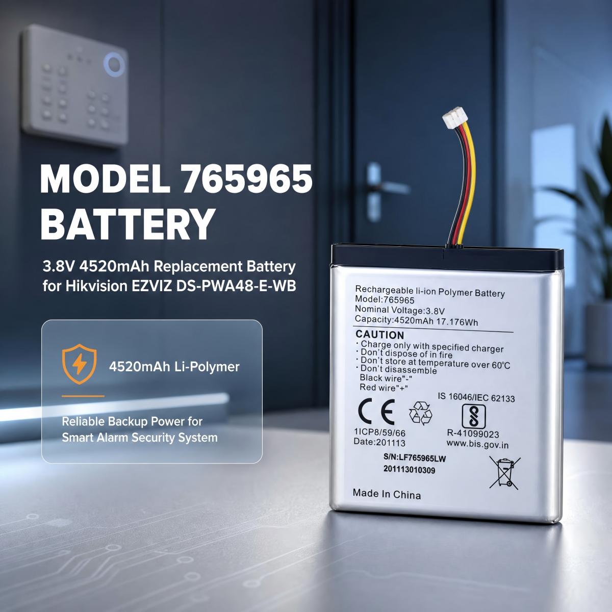 Home Security Battery Replacement - 765965 4520mAh Li-Polymer Ersatzakku für Hikvision